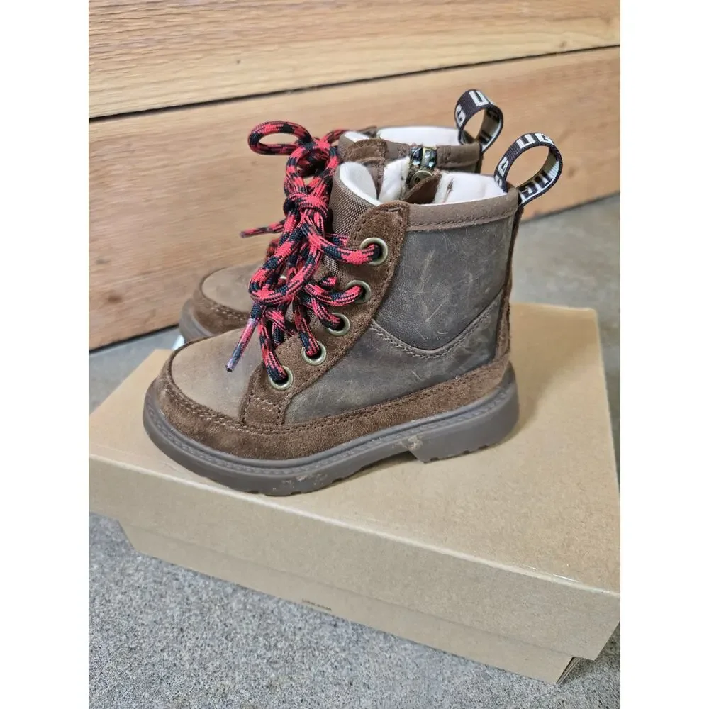 UGG Rennon II Hickory Leather Suede Toddler Boots Brown Red Laces Size 7